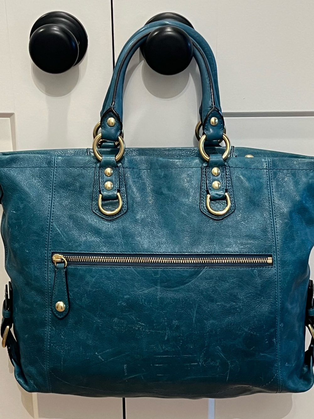 Rare, Coach Teal Blue Leather Tote with Gold Hardware - Picture 7 of 8